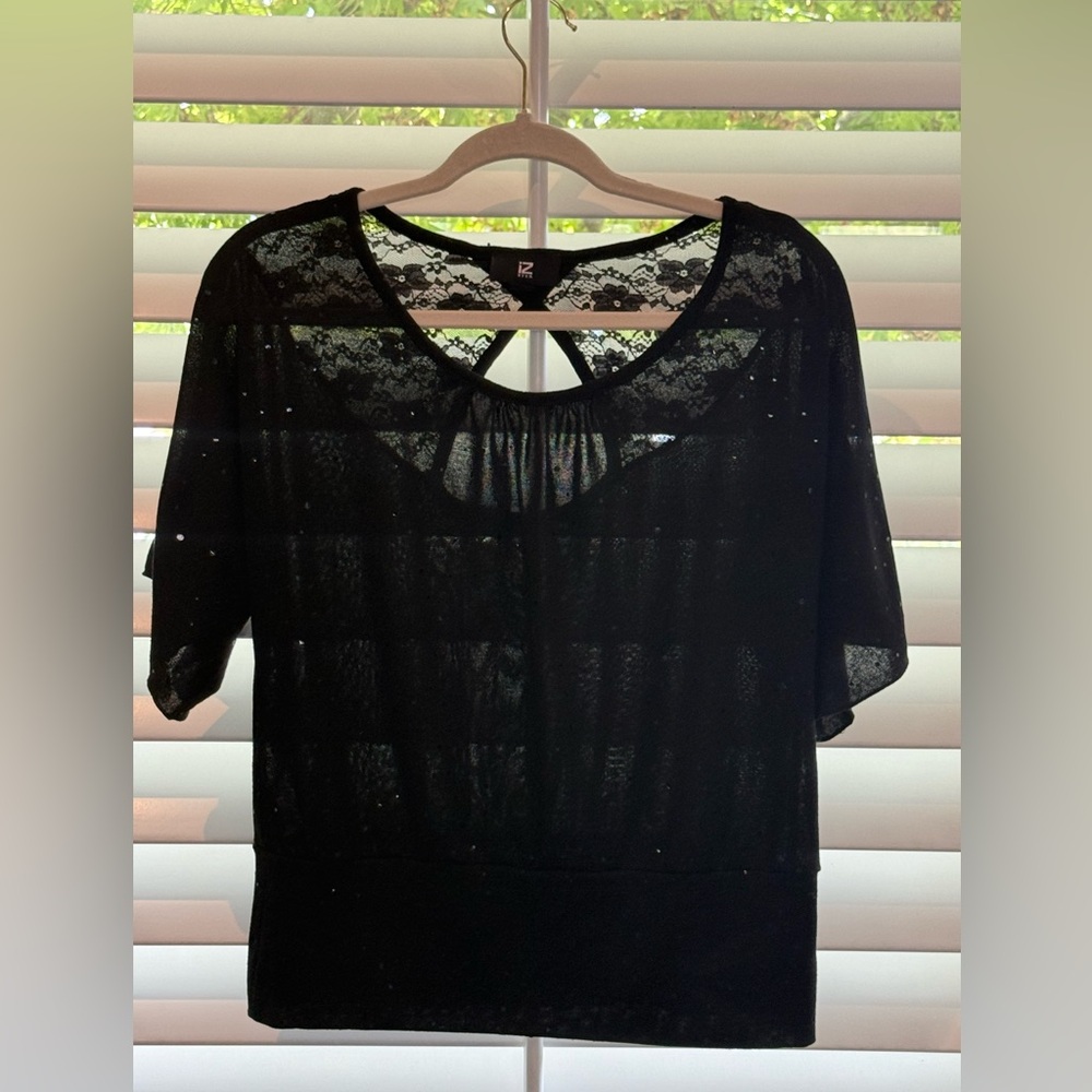 Black Lace Sheer Blouse L Sequin Detail Short Sleeve Dressy Top